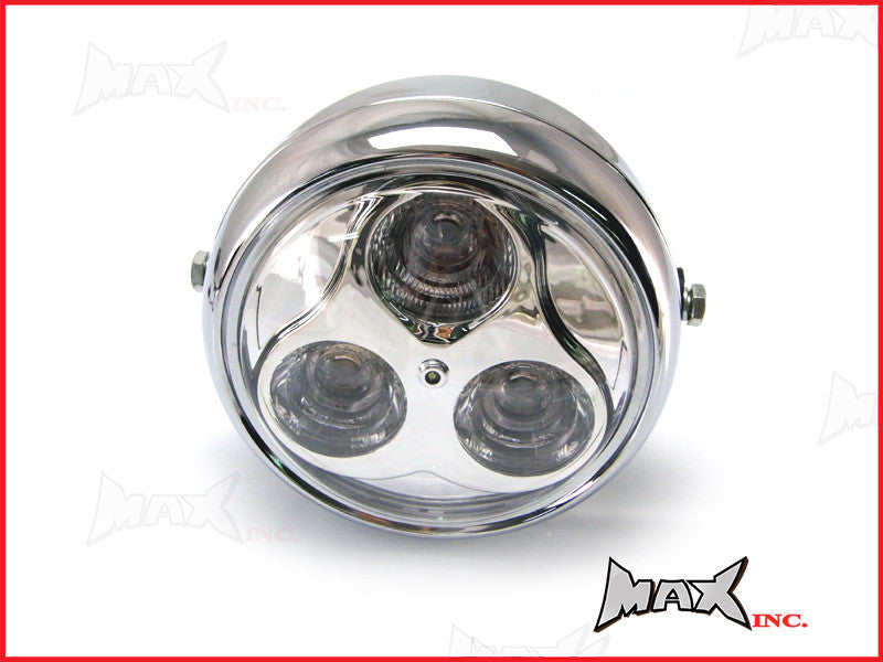 Universal Chrome 3-Eye LED Headlight - 3x3W Tri-Beam, Metal Housing, Vintage Style