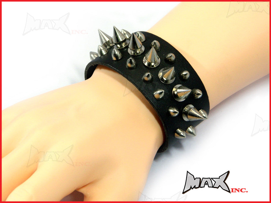Black Spiked Bikers Wristband - PU Leather