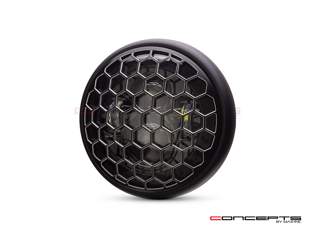 7.7" Matte Black + Contrast Multi Projector LED Headlight + Honeycomb Grill Cover