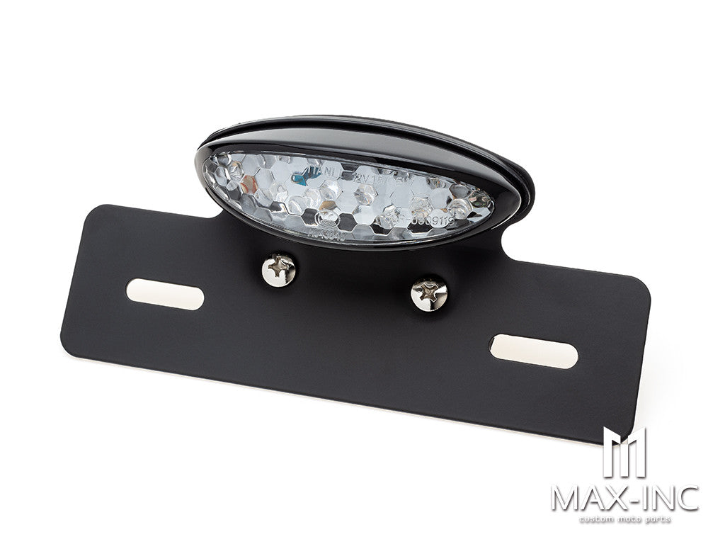 Black Oval LED Stop / Tail Light + License Plate Holder - Clear Lens