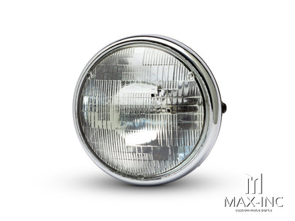 7.7" Gloss Black/Chrome Shorty Headlight - Dual-Tone Metal Housing, 55W Sealed Beam, 12V