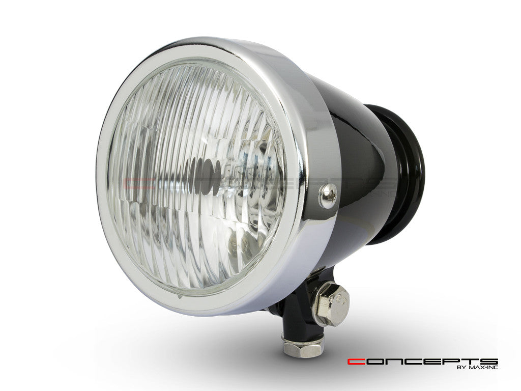 4.5" Gloss Black + Chrome Bottom Mount Vintage Style Universal Headlight