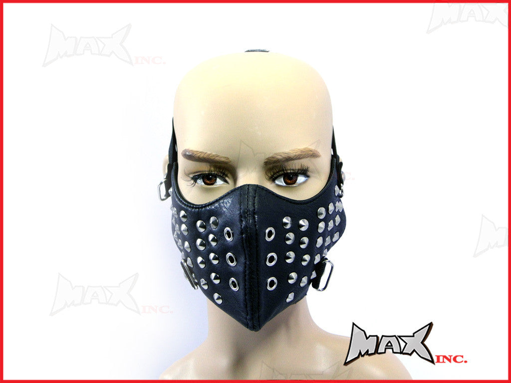 Black Studded Bikers Face Mask - PU Leather