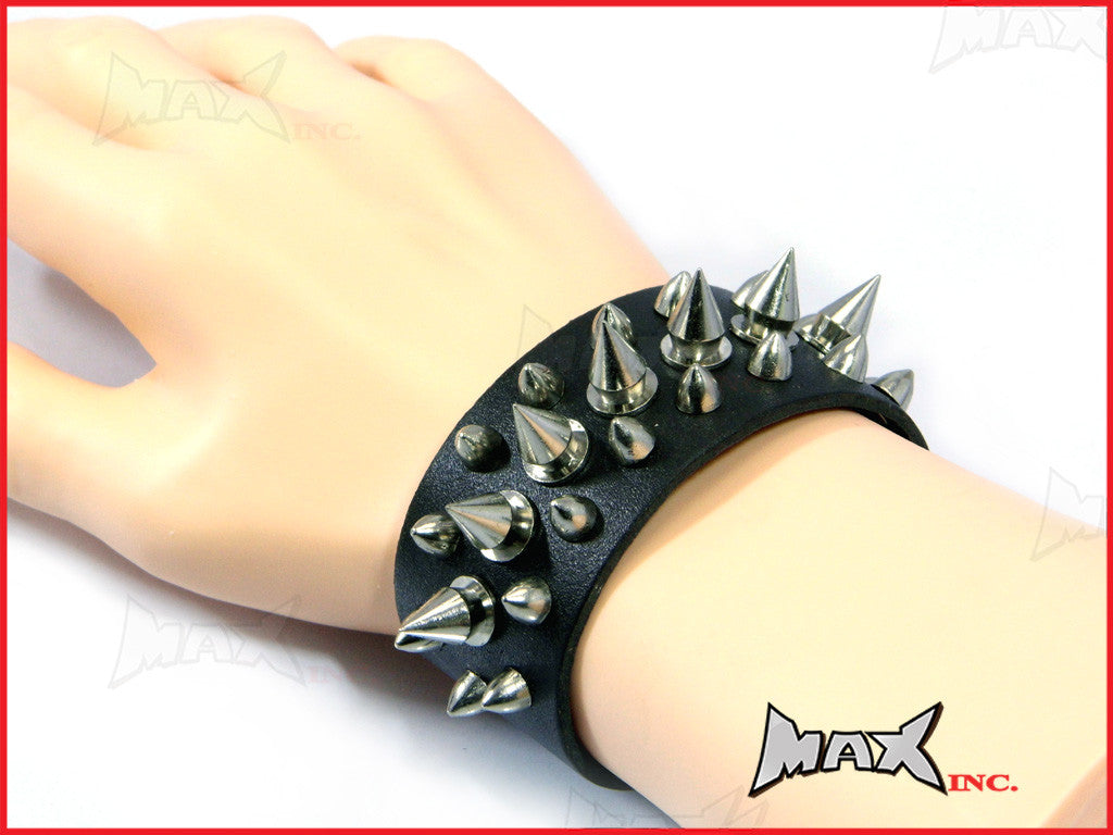 Black Spiked Bikers Wristband - PU Leather
