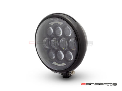 5.75" Bates Style LED Multi Projector Gloss Black Metal Headlight - 12-24V 80W CREE LED, DRLs for Harley, Custom Bikes, Scramblers, Cafe Racers