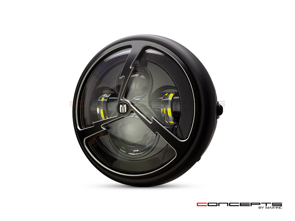 7.7" Matte Black + Contrast Multi Projector LED Headlight + Tri-Bolt Grill Cover
