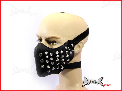 Black Studded Bikers Face Mask - PU Leather
