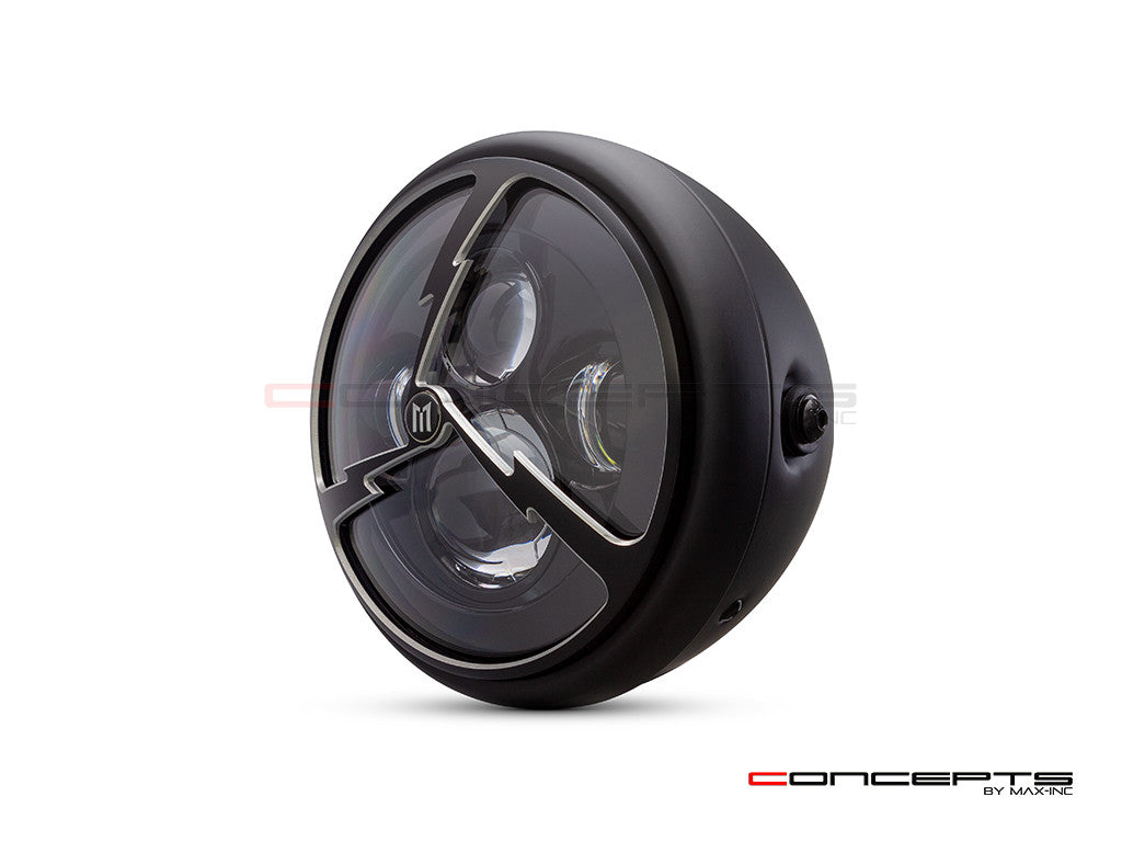 7.7" Matte Black + Contrast Multi Projector LED Headlight + Tri-Bolt Grill Cover
