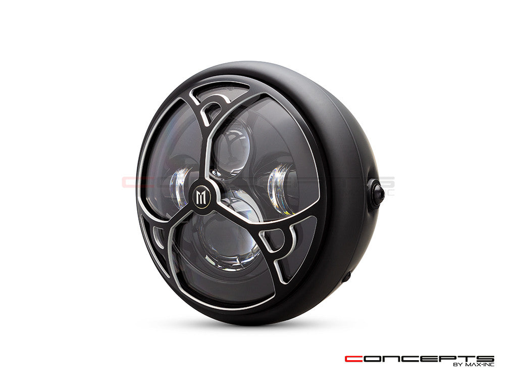 7.7" Matte Black + Contrast Multi Projector LED Headlight + Tri-Deco Grill Cover