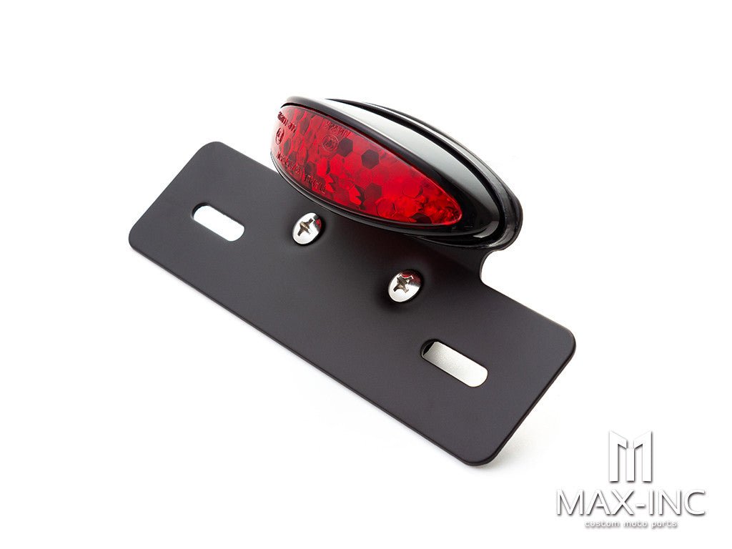 Black Oval LED Stop / Tail Light + License Plate Holder - Red Lens