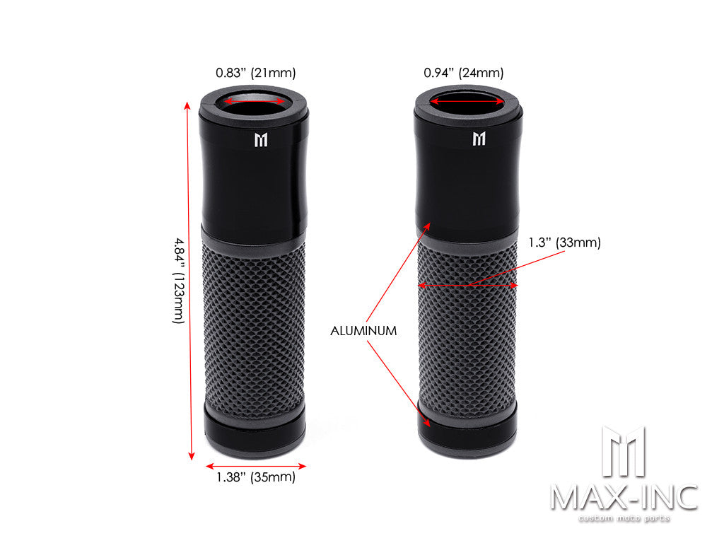 Retro Black Anodized CNC Machined Aluminum / Rubber Hand Grips - 7/8" (22mm)