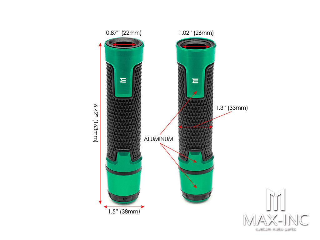 Sportz Green Anodized CNC Machined Aluminum / Rubber Hand Grips + Bar Ends - 7/8" (22mm)