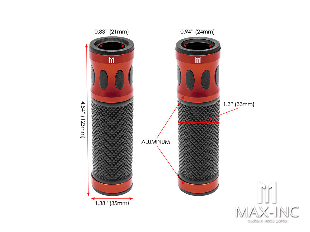 Oval Cut Dark Orange Anodized CNC Machined Aluminum / Rubber Hand Grips - 7/8" (22mm)