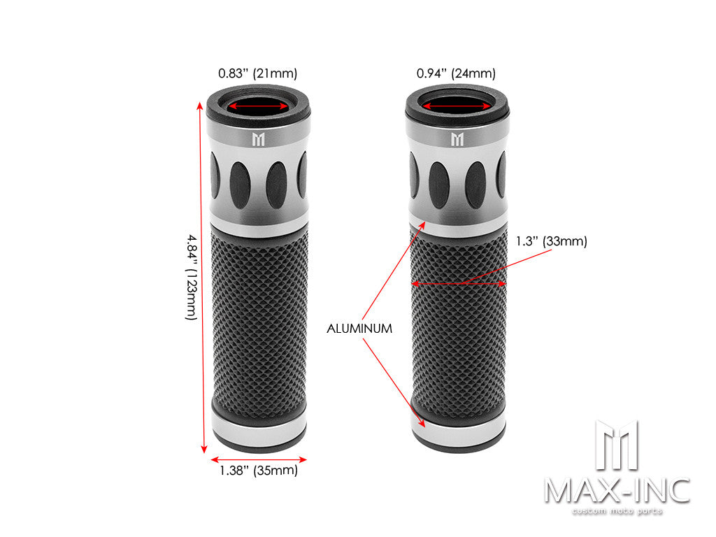 Oval Cut Silver Anodized CNC Machined Aluminum / Rubber Hand Grips - 7/8" (22mm)