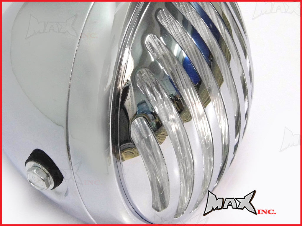 6.75 INCH Chrome Prison Bar Grill Metal Headlight - H4 / 55w Halogen Bulb