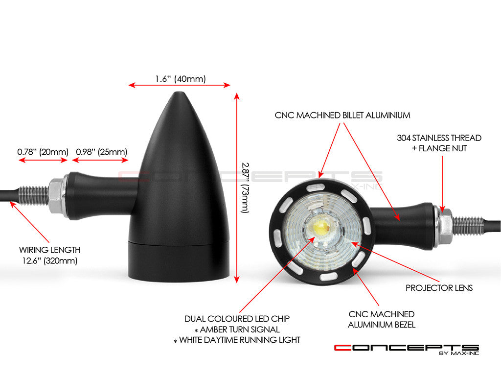 Black CNC Machined Billet Alum Custom Integrated LED Turn Signals + Daytime Running Lights