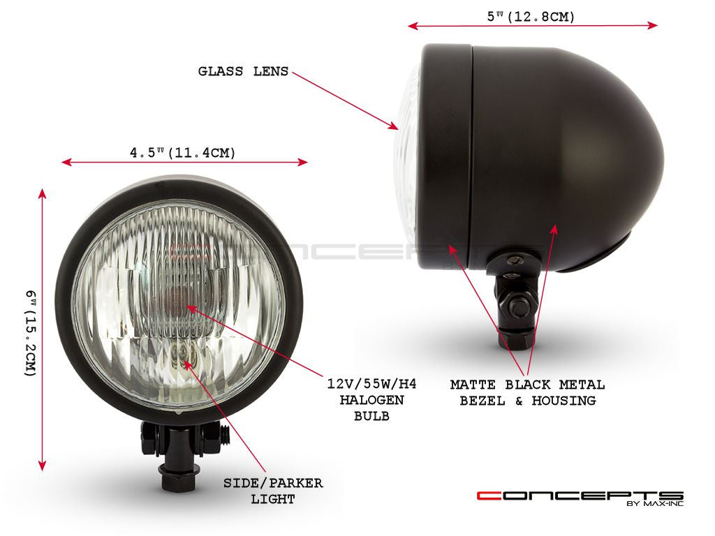 4.5" Matte Black Metal Custom Headlight - 12v / 55w