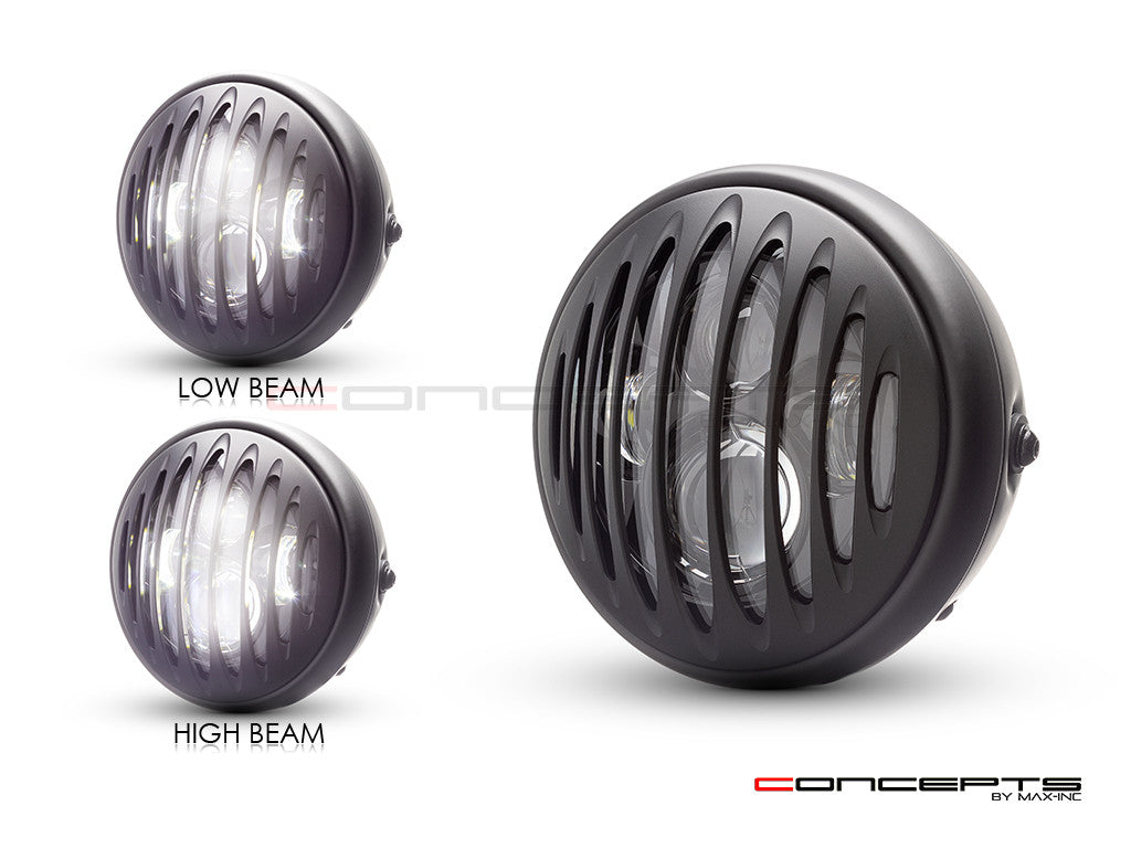 7.7" Matte Black Multi Projector LED Headlight + Prison Grill Cover-Light Display