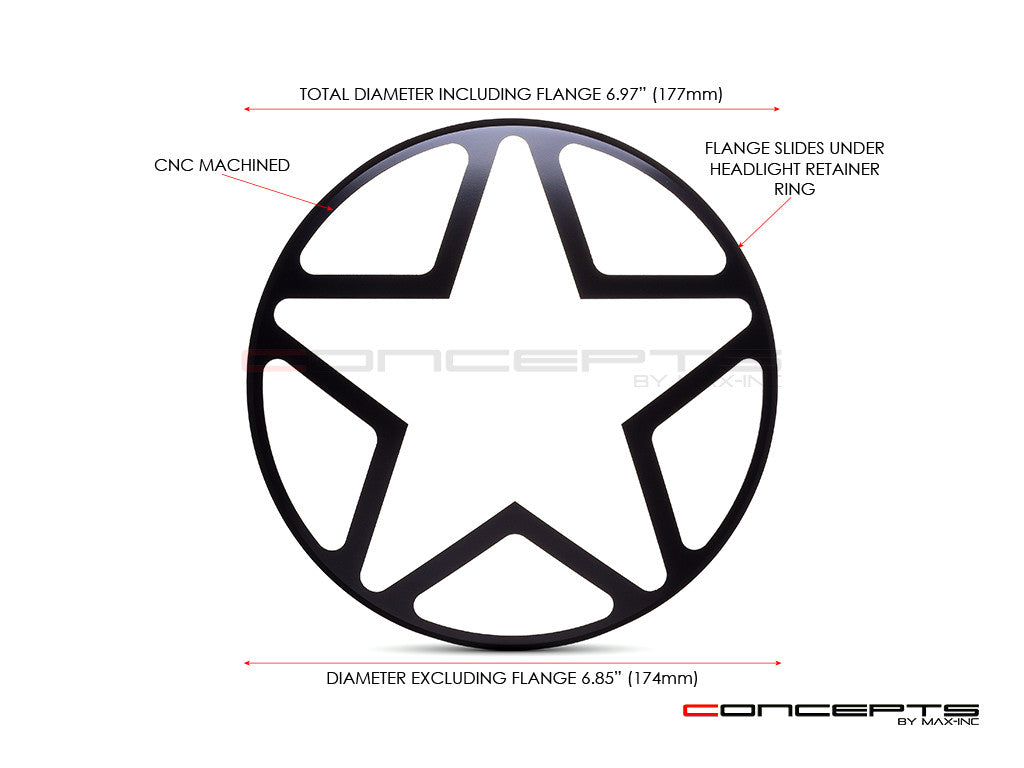 7"Big Star Grill Design Black CNC Aluminum Headlight Guard Cover