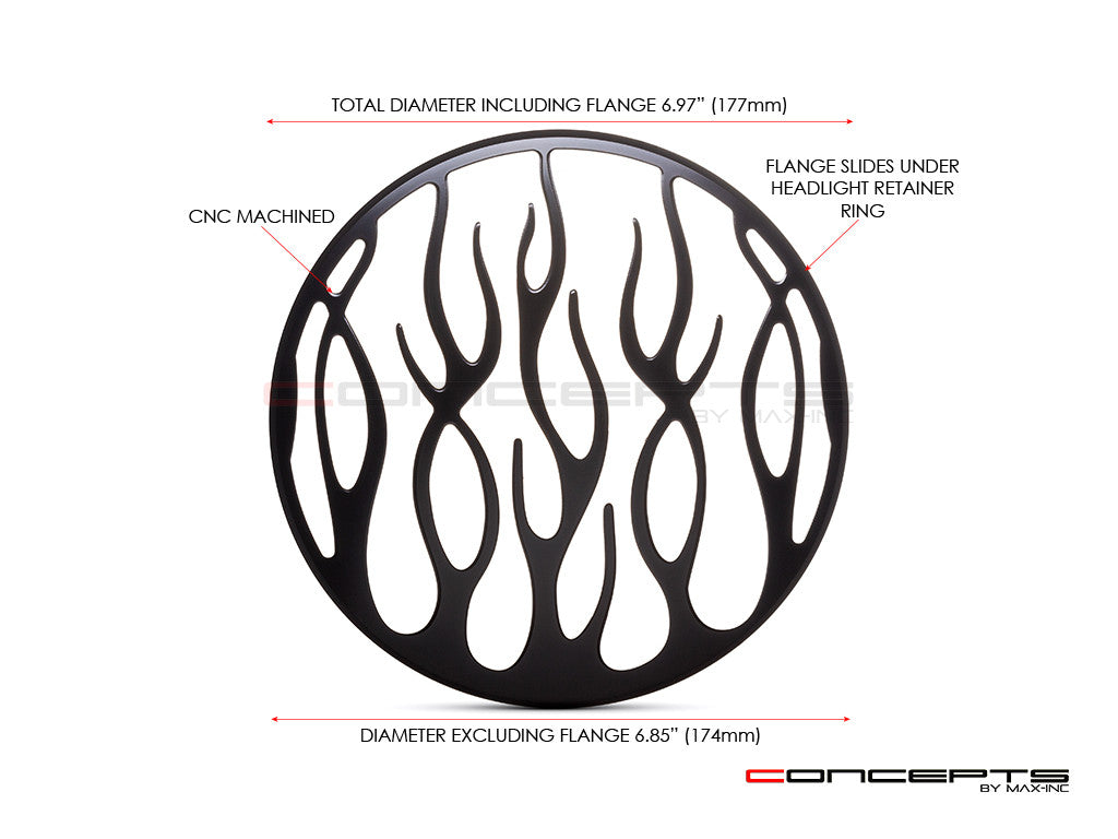 Flame Grill Design 7" Black CNC Aluminum Headlight Guard Cover