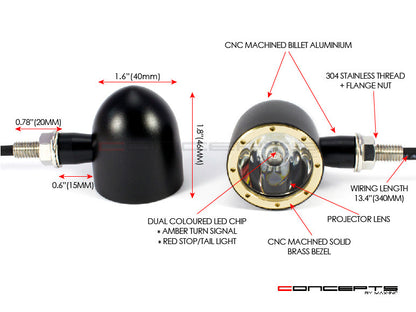 Black + Brass Bezel CNC Machined Billet Alum Classic Integrated LED Stop / Tail Lights + Turn Signals