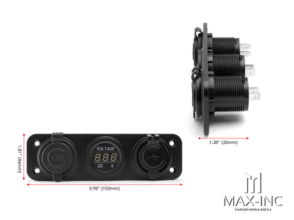 Universal Panel Mount 12v Socket + Twin USB + Voltmeter Power Supply