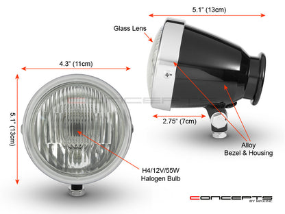 4.5" Gloss Black + Chrome Bottom Mount Vintage Style Universal Headlight