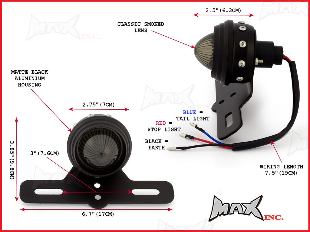 Matte Black Studded Retro Style LED Stop / Tail Light - Smoked Lens