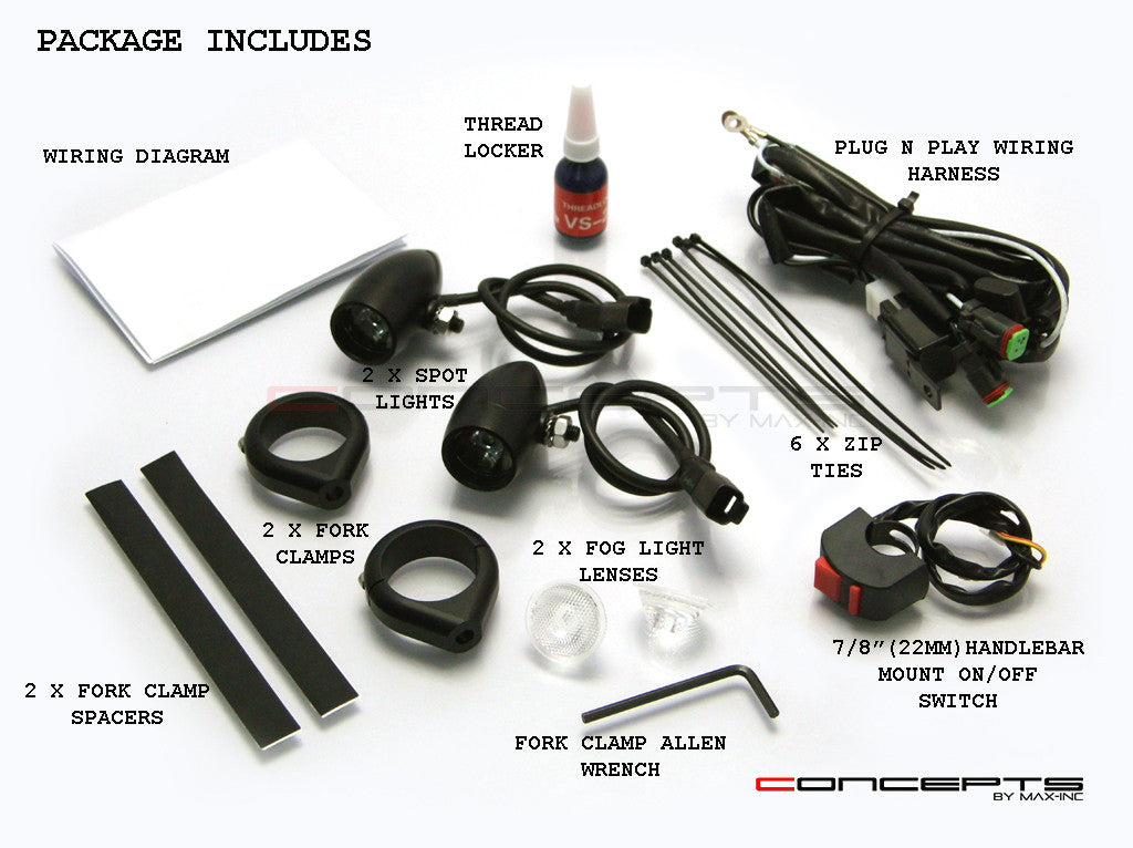 Motorcycle fork clamp auxiliary light kit