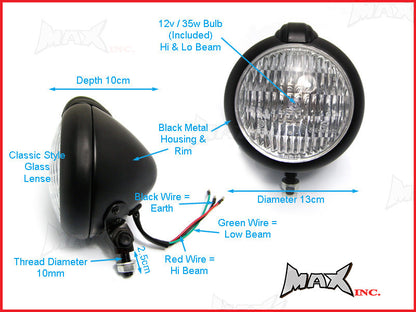 5 1/2" Bates Style Matte Black Metal Headlight - 12v / 35w