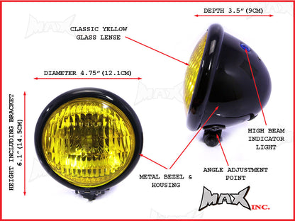 4.75 INCH Black Bates Style Metal Headlight - Yellow Lense