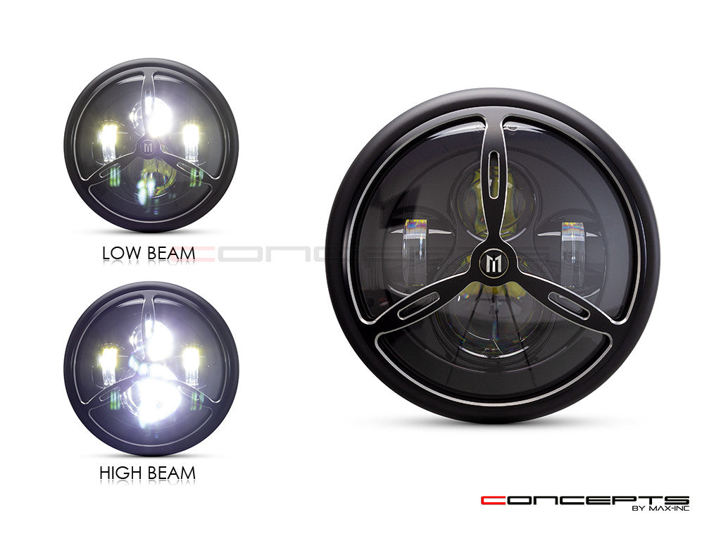 7.7" Matte Black + Contrast Multi Projector LED Headlight + Tri-Prop Grill Cover-Light Display