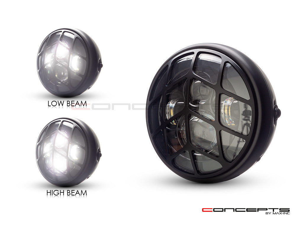 7.7" Matte Black Multi Projector LED Headlight + Spyder Grill Cover-Light Display