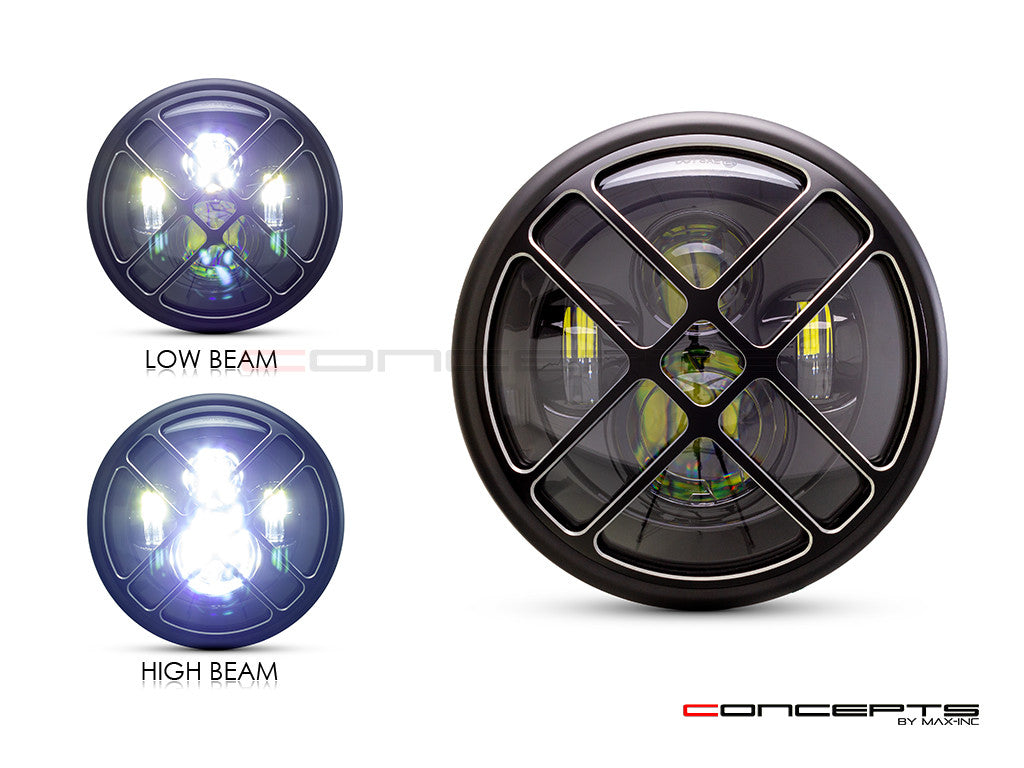 7.7" Matte Black + Contrast Multi Projector LED Headlight + Titan Grill Cover-Light Display
