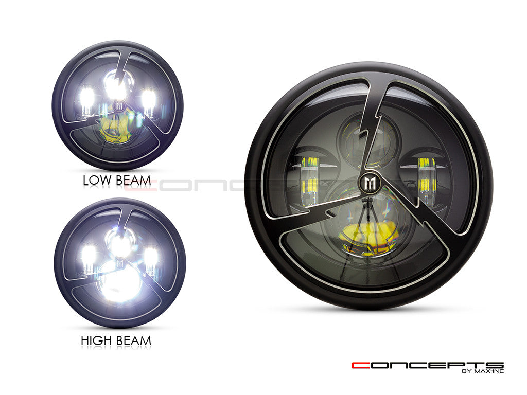7.7" Matte Black + Contrast Multi Projector LED Headlight + Tri-Bolt Grill Cover-Light Display