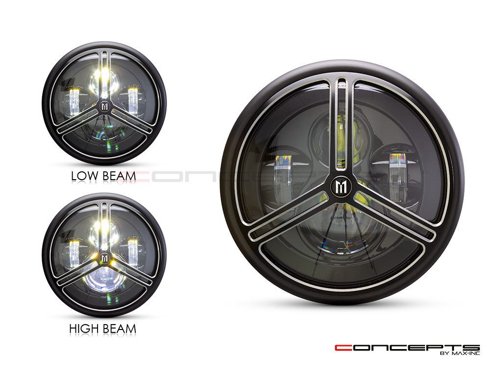 7.7" Matte Black + Contrast Multi Projector LED Headlight + Tri-Pro Grill Cover-Light Display