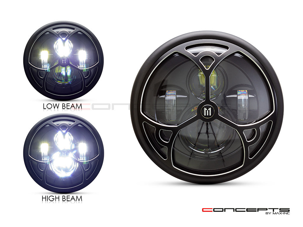 7.7" Matte Black + Contrast Multi Projector LED Headlight + Tri-Deco Grill Cover-Light Display