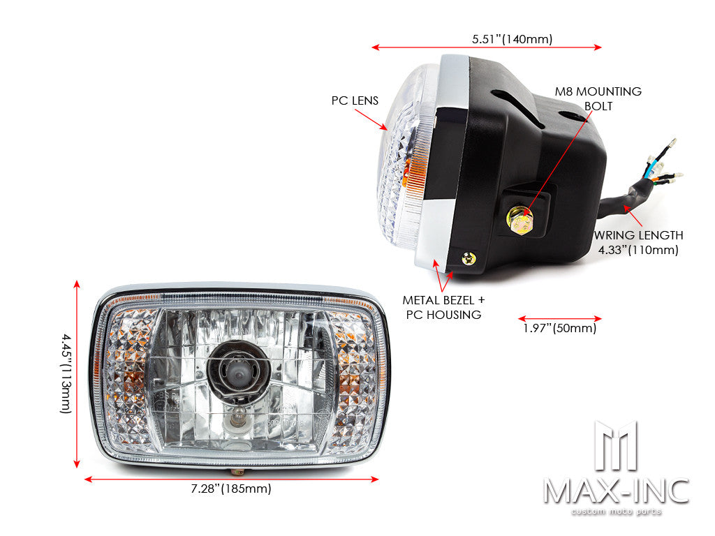 7" Black & Chrome Universal Rectangle Headlight + Turn Signals - Emarked