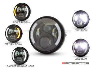 7.7" Gloss Black Metal LED Headlight - 60W 3000LM, DRL+Turn Signals, H4, 6000K