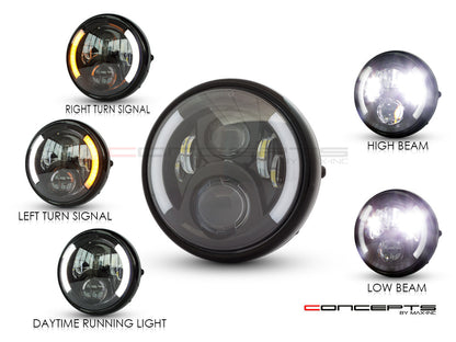 7.7" Gloss Black Metal LED Headlight - 60W 3000LM, DRL+Turn Signals, H4, 6000K