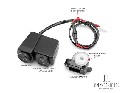 Universal Handlebar Mount 12v Socket + Twin USB + Voltmeter Power Supply- Fits 22-25mm Bars