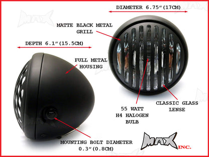 6.75 INCH Matte Black Prison Bar Grill Metal Headlight - H4 / 55w Halogen Bulb