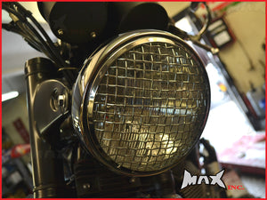 7.7" Chrome Mesh Grill Headlight - 55W Halogen Sealed Beam, H4 Plug, Retro Metal Bucket for Harley & Cafe Racers