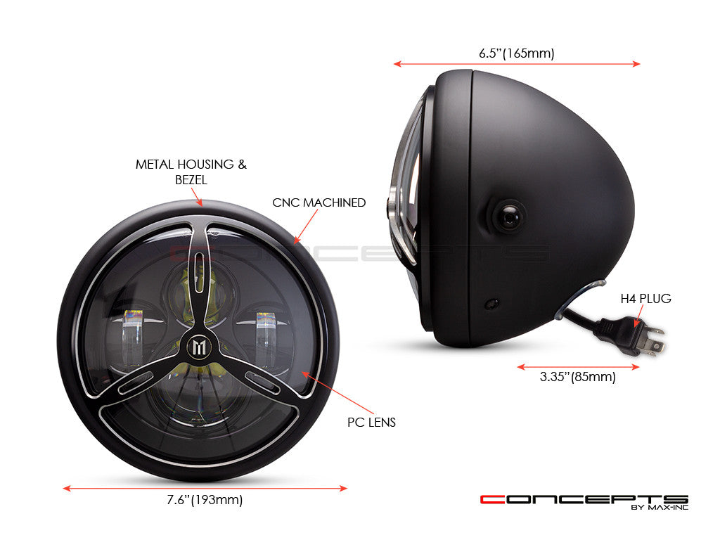 7.7" Matte Black + Contrast Multi Projector LED Headlight + Tri-Prop Grill Cover-Size