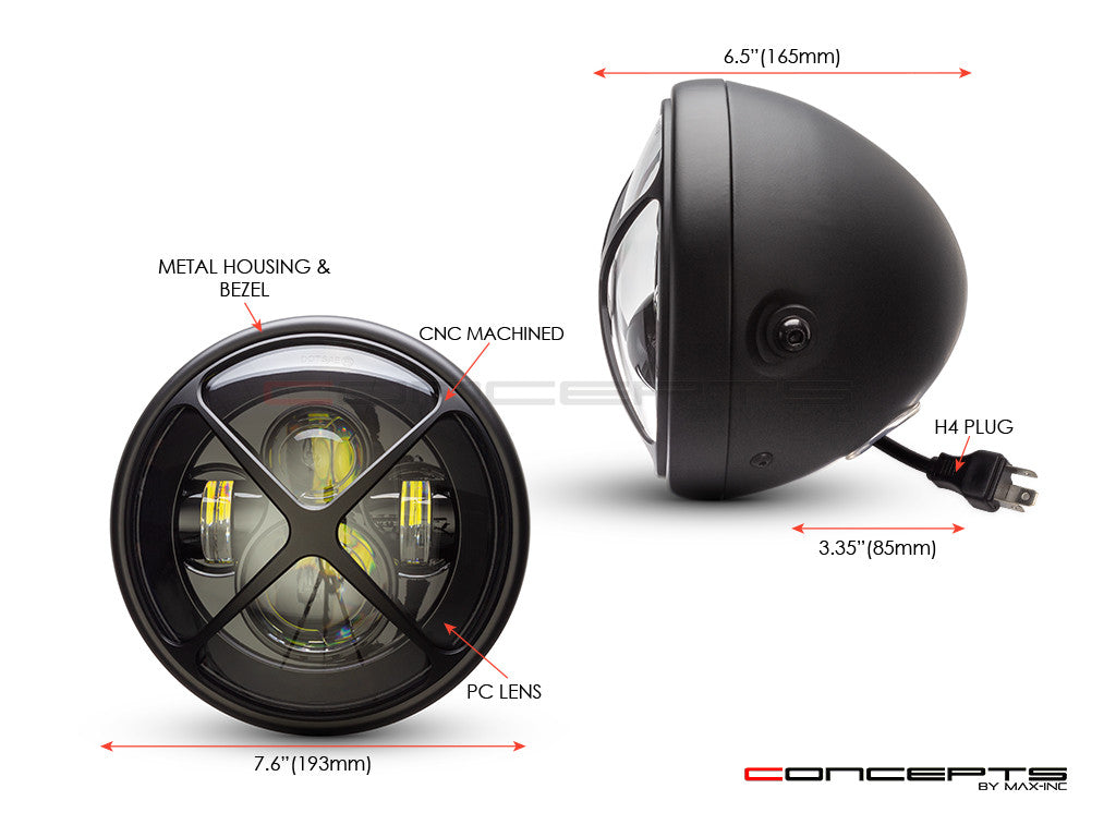 7.7" Matte Black Multi Projector LED Headlight + X Cross Cover-Size