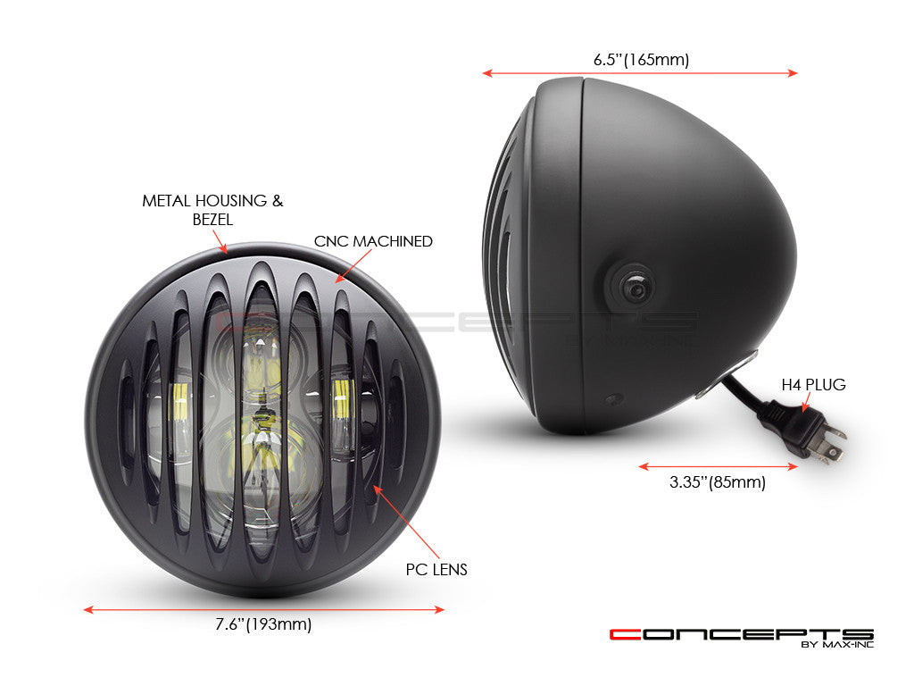 7.7" Matte Black Multi Projector LED Headlight + Prison Grill Cover-Size