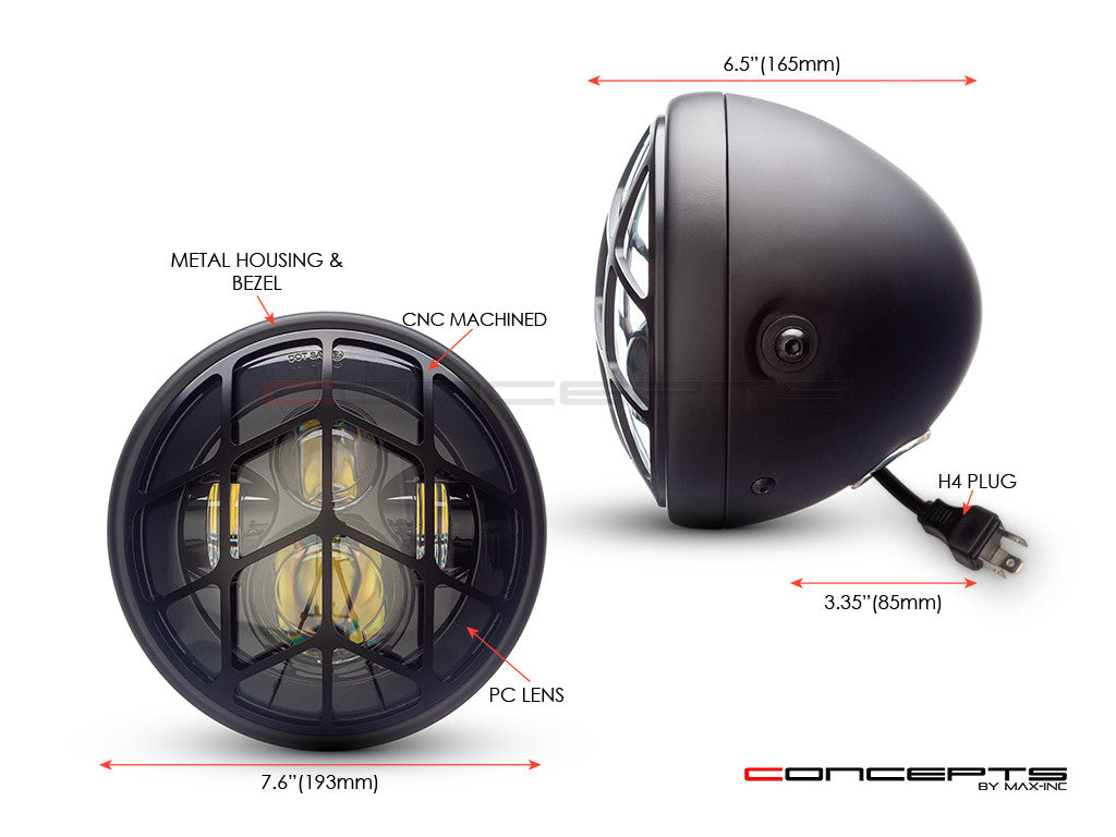 7.7" Matte Black Multi Projector LED Headlight + Spyder Grill Cover-Size