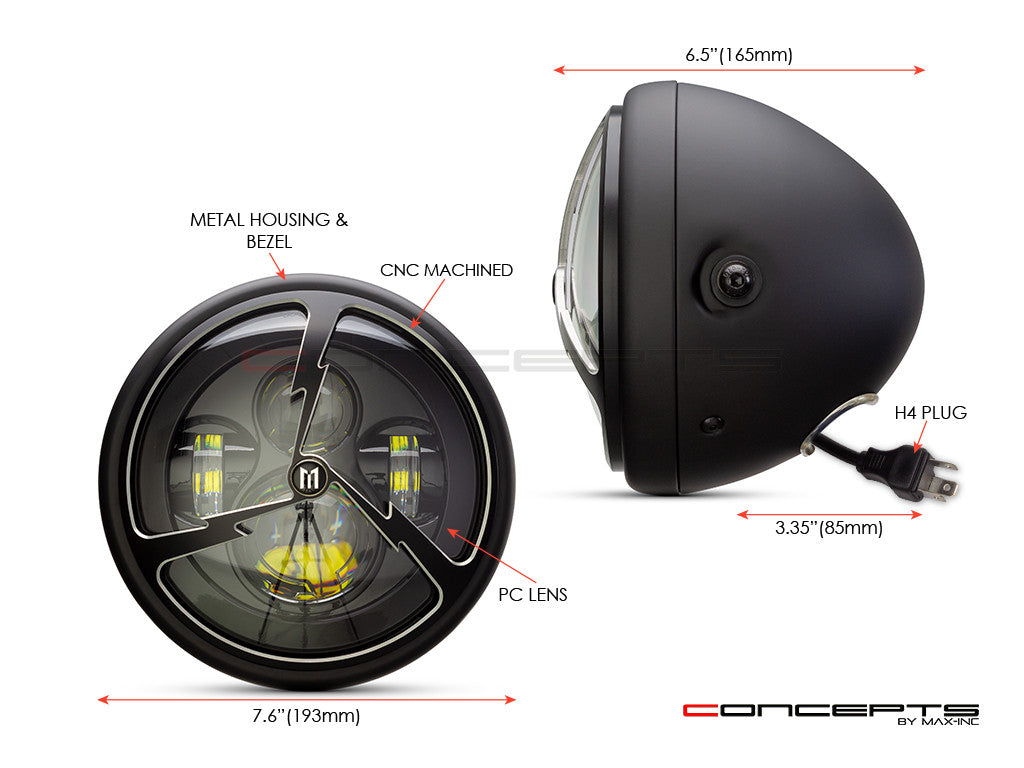 7.7" Matte Black + Contrast Multi Projector LED Headlight + Tri-Bolt Grill Cover-Size