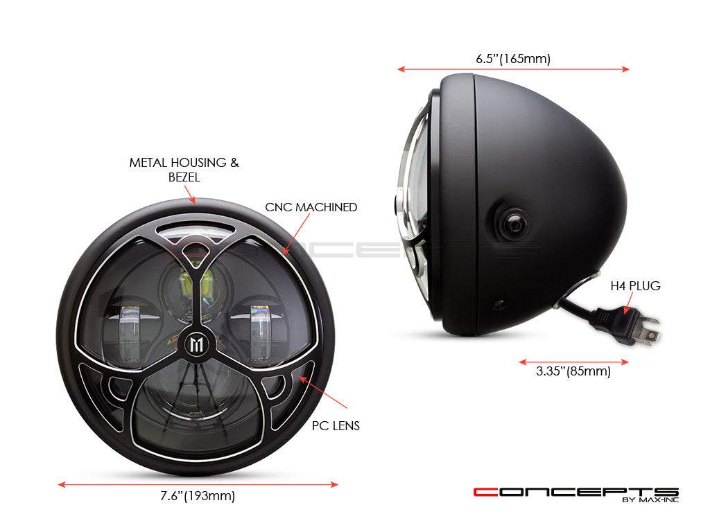 7.7" Matte Black + Contrast Multi Projector LED Headlight + Tri-Deco Grill Cover-Size