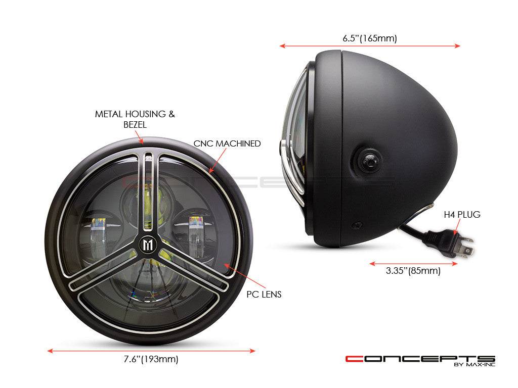 7.7" Matte Black + Contrast Multi Projector LED Headlight + Tri-Pro Grill Cover-Size